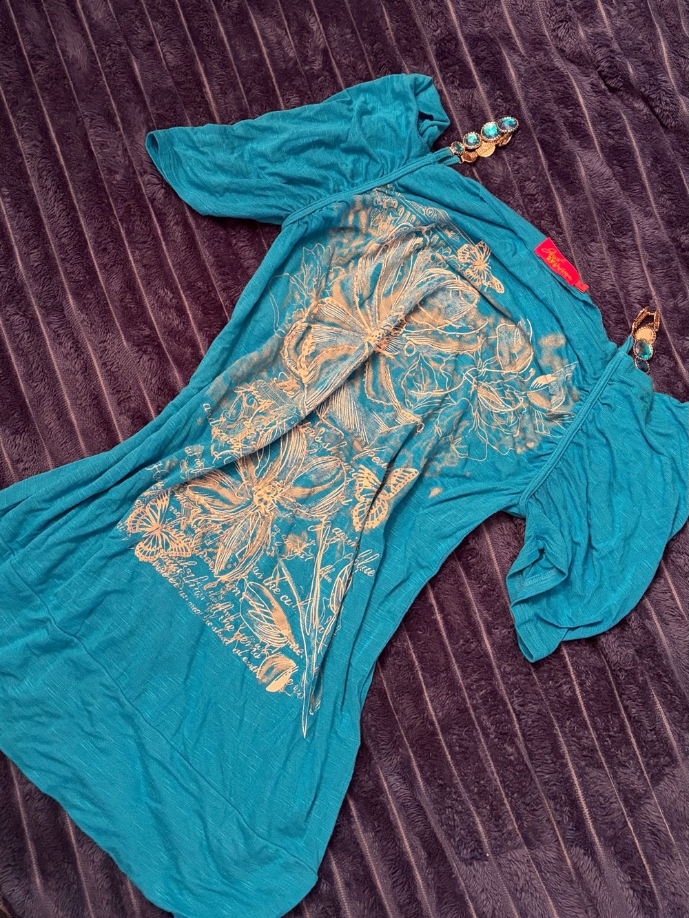 Vintage Teal Cold-Shoulder Tunic with Gold Floral Print